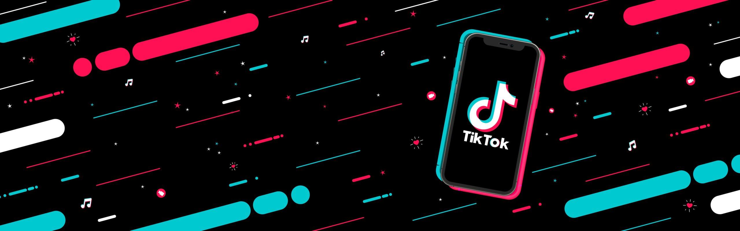 Tik Tok-Banner mit Copyspace. Logo auf dem Bildschirmtelefon mit einem modernen Muster bestehend aus farbigen Streifen auf dunklem Hintergrund. Vektorillustration.