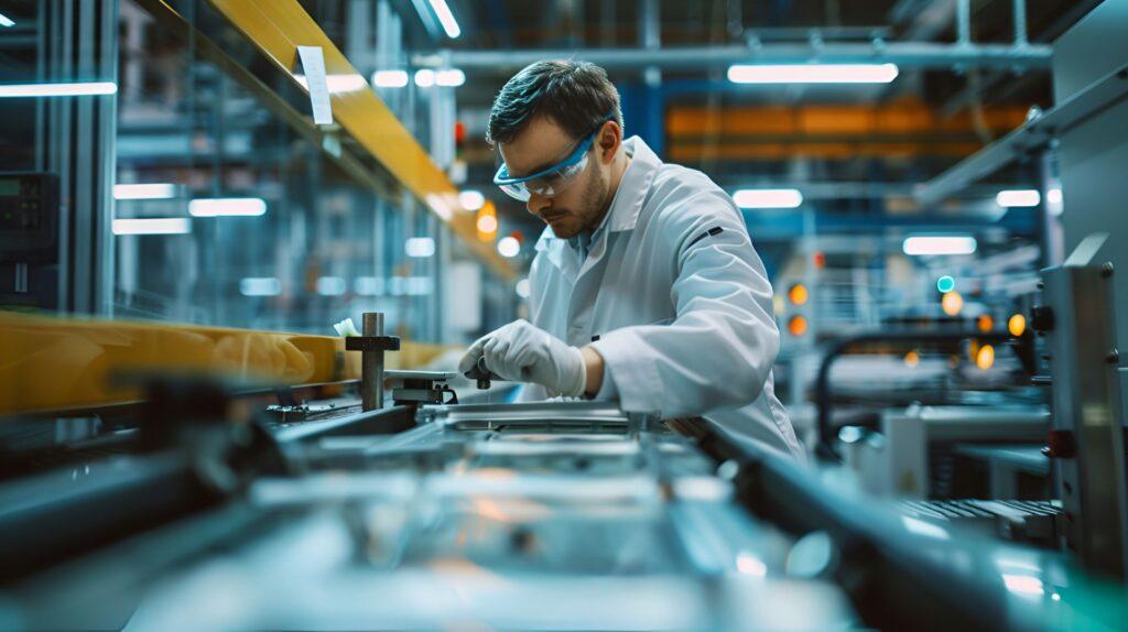 Ein Ingenieur in einem weißen Kittel und Schutzbrille führt eine Qualitätskontrolle in einer modernen Fertigungsanlage durch, bei der Drehmaschinen zum Einsatz kommen.