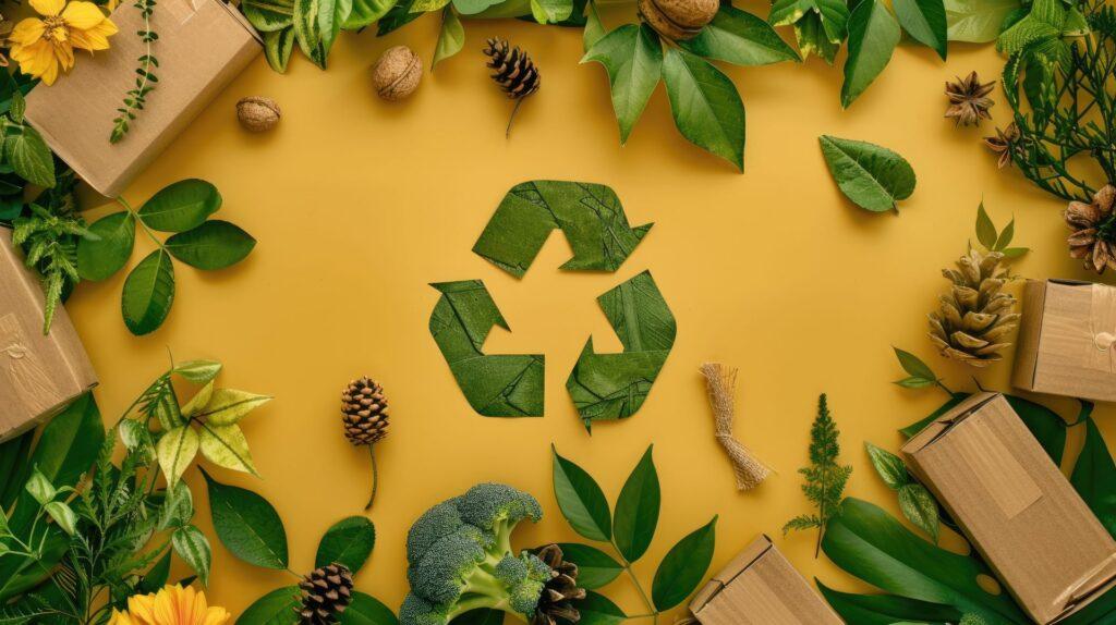 Recycling-Symbol aus Blättern, umgeben von natürlichen Materialien und Verpackungen. Das Bild symbolisiert nachhaltigen Konsum und umweltfreundliche Alternativen, einschließlich 187 Pods als umweltschonende Lösung für bewussten Genuss.