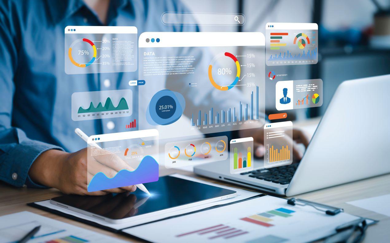 Darstellung eines interaktiven Dashboards mit Grafiken und Statistiken, wie sie in ERP-Systemen wie Sage 100 verwendet werden.