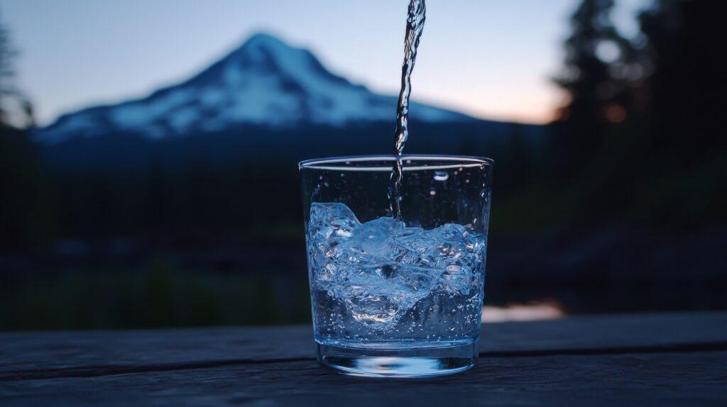 Klares Wasser wird in ein Glas mit Eiswürfeln gegossen, mit Berglandschaft im Hintergrund – Symbol für saubere Trinkwasserbehälter.