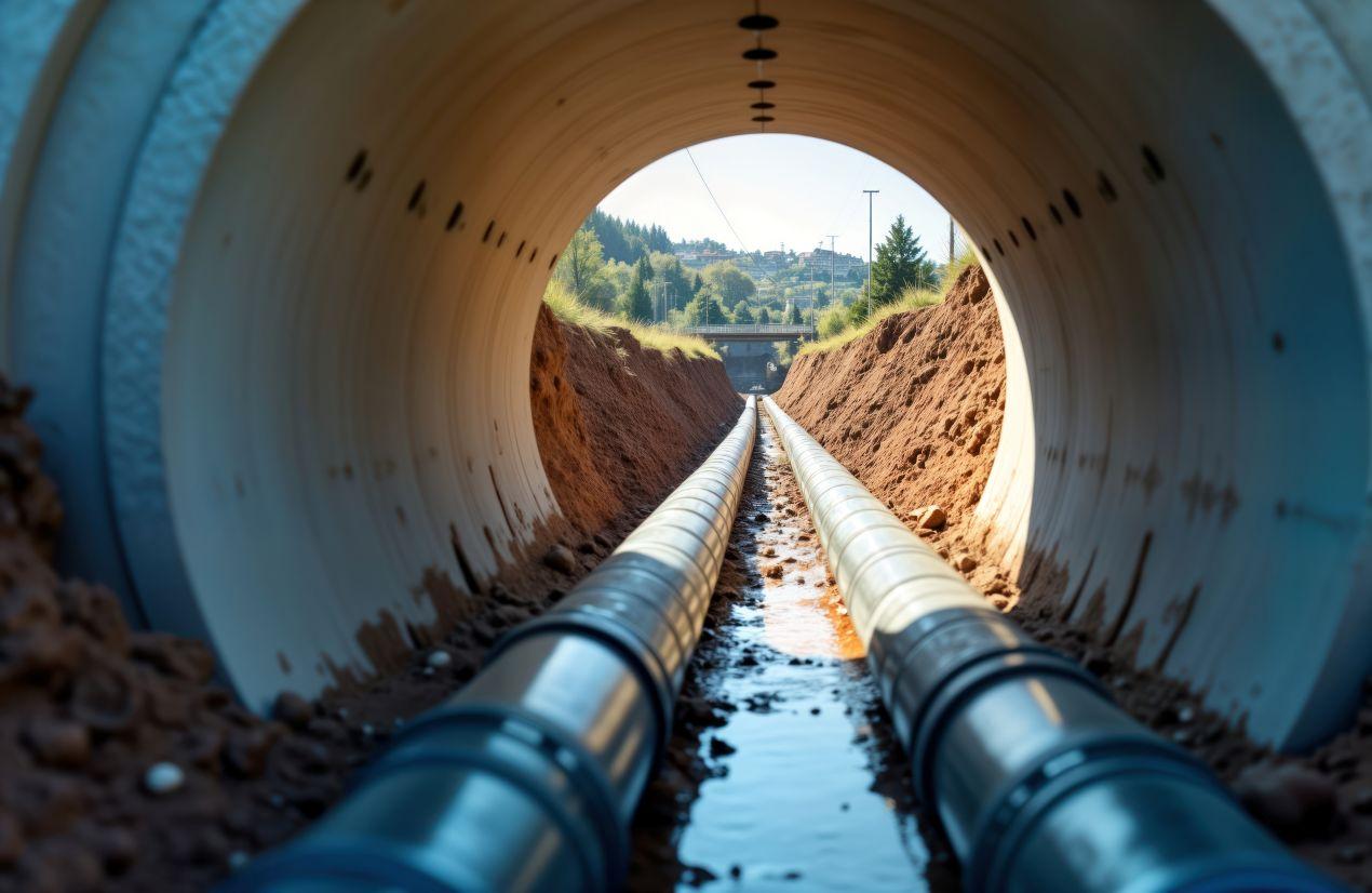 Blick durch einen unterirdischen Rohrtunnel mit neu verlegten Wasserleitungen, die Trinkwasserbehälter versorgen.