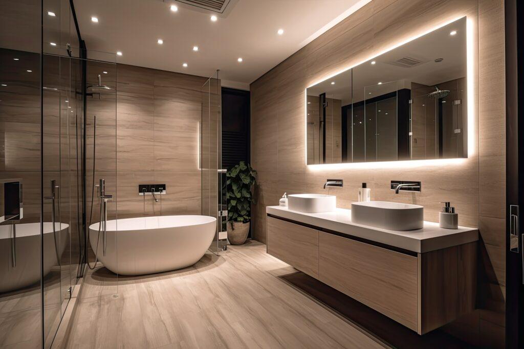 Designbad mit Glasdusche und Holzoptik | Duschrückwand