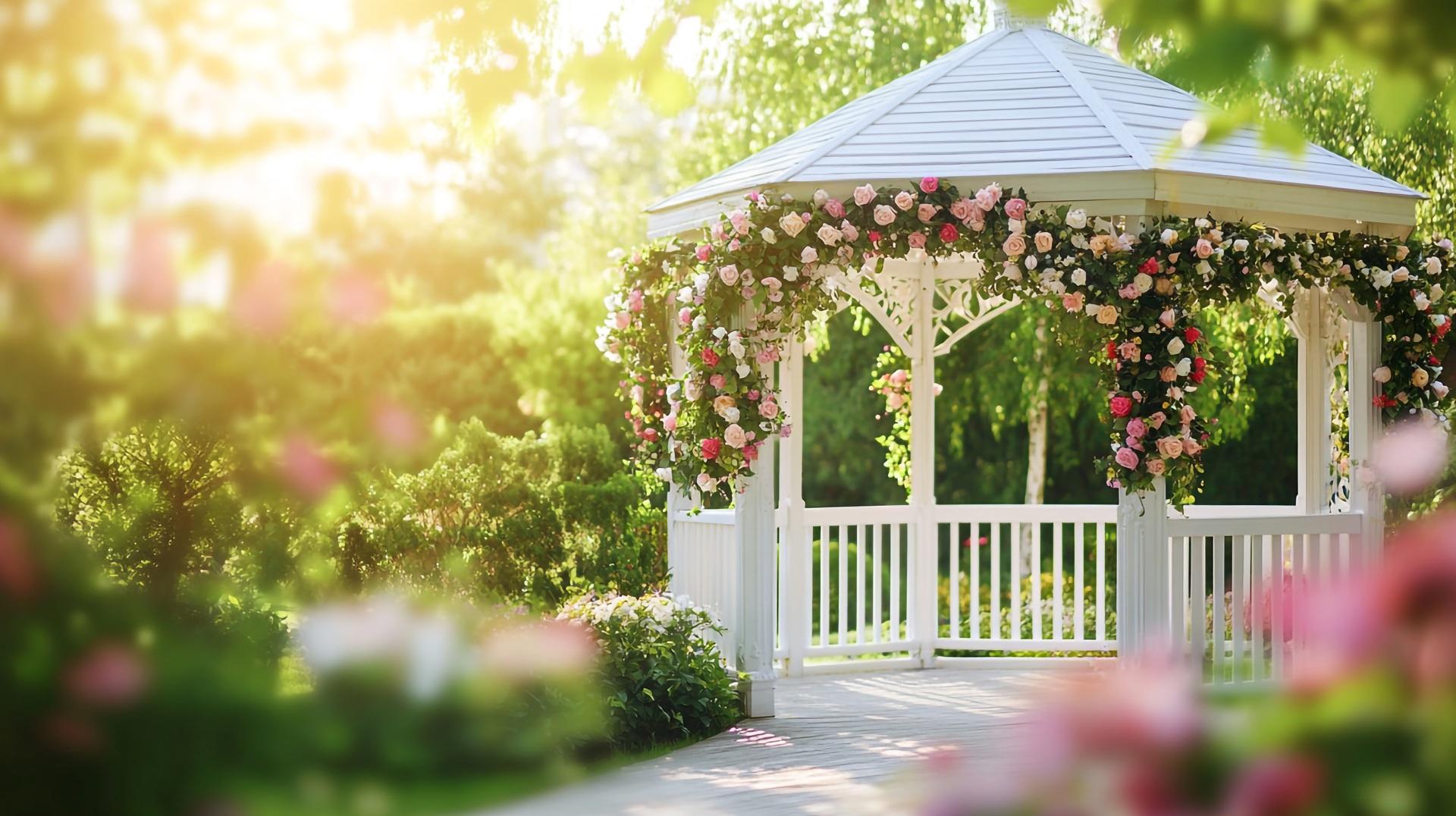 Weißer Pavillon mit Rosen im Garten | Tischdecken mieten

