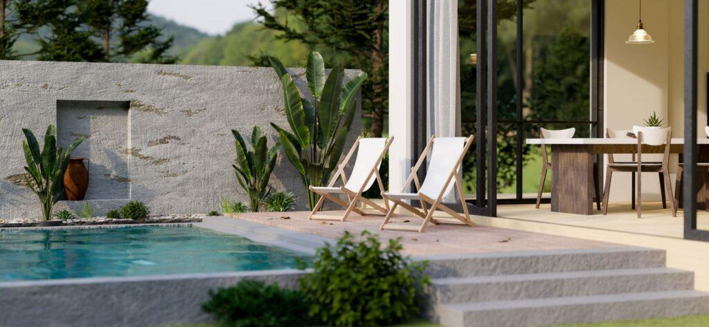 Moderner Pool an Terrasse mit Liegestuehlen, Steinwand und tropischen Pflanzen im Designgarten