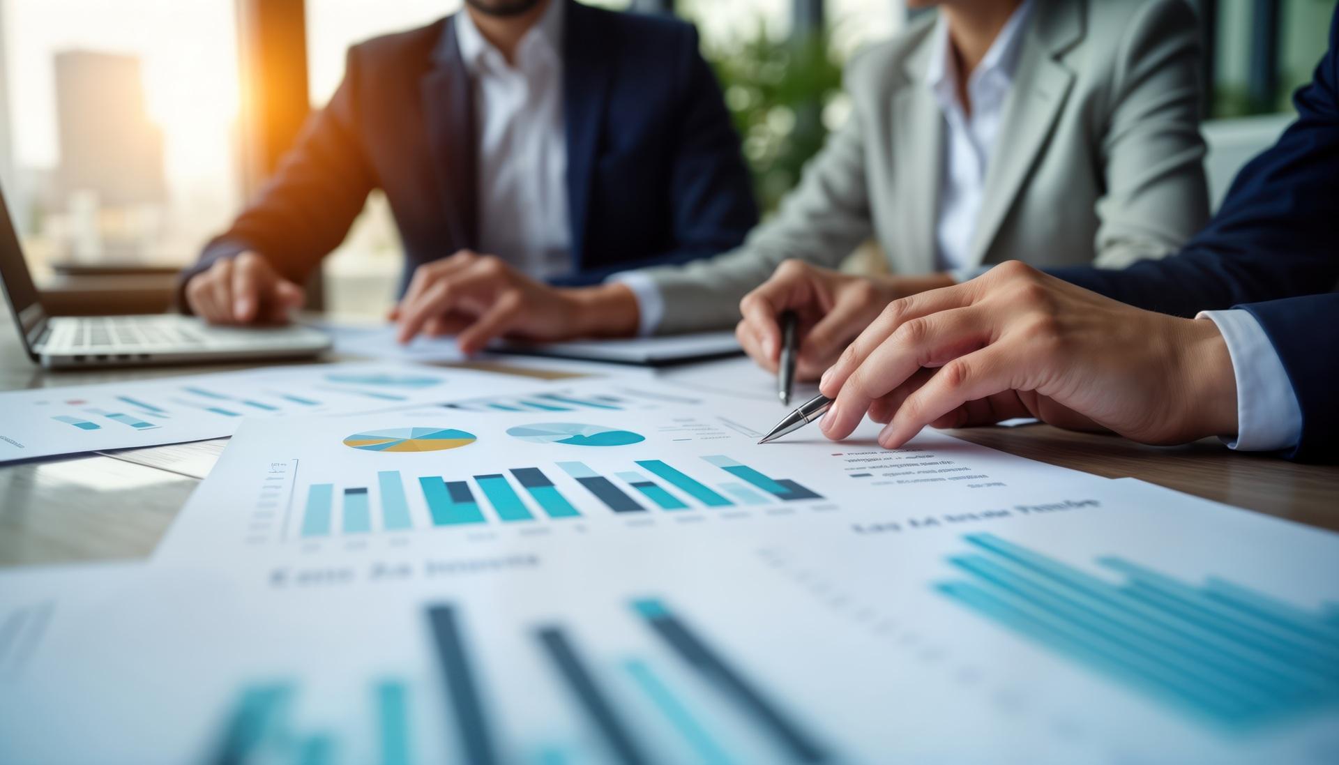 Team bespricht Finanzdiagramme im Meeting | Lohnbuchhaltung

