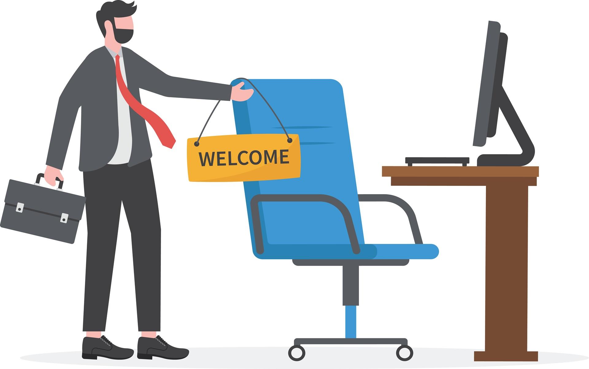 Illustration Mann haelt Welcome Schild | BEM (Betriebliche Eingliederungsmanagement)