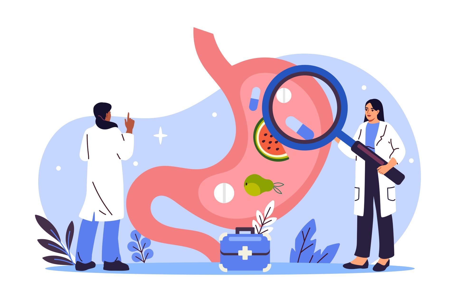Illustration von Magen-Darm-System mit Lebensmitteln
