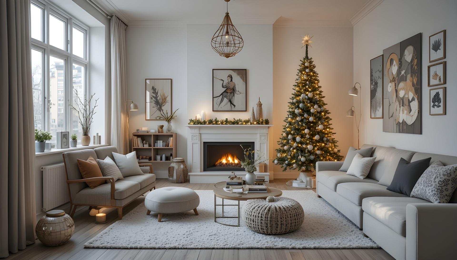 Weihnachtlich dekoriertes Wohnzimmer mit Kamin | Blumentopf